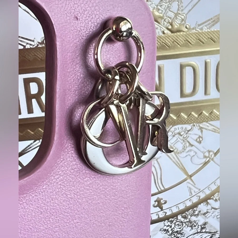 EUC Lady DIOR IPhone 14 Pro Case Pink Leather Charms Pocket Suede Lined Interior